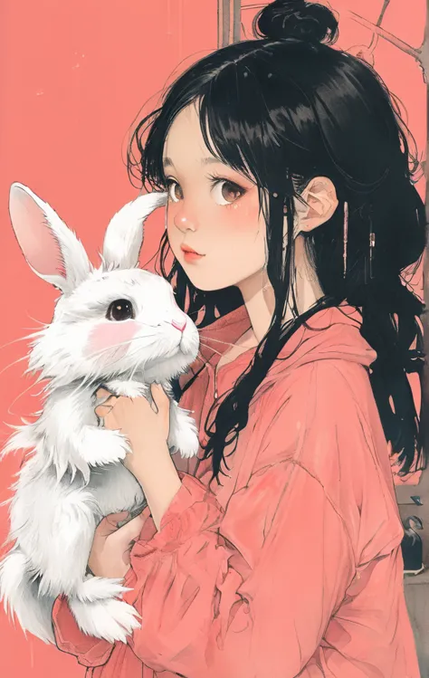 On a bright red campus"YES"Character、beautiful illustration, best quality, cute girl, bedroom, pastel color, fluffy bunny ears, ...