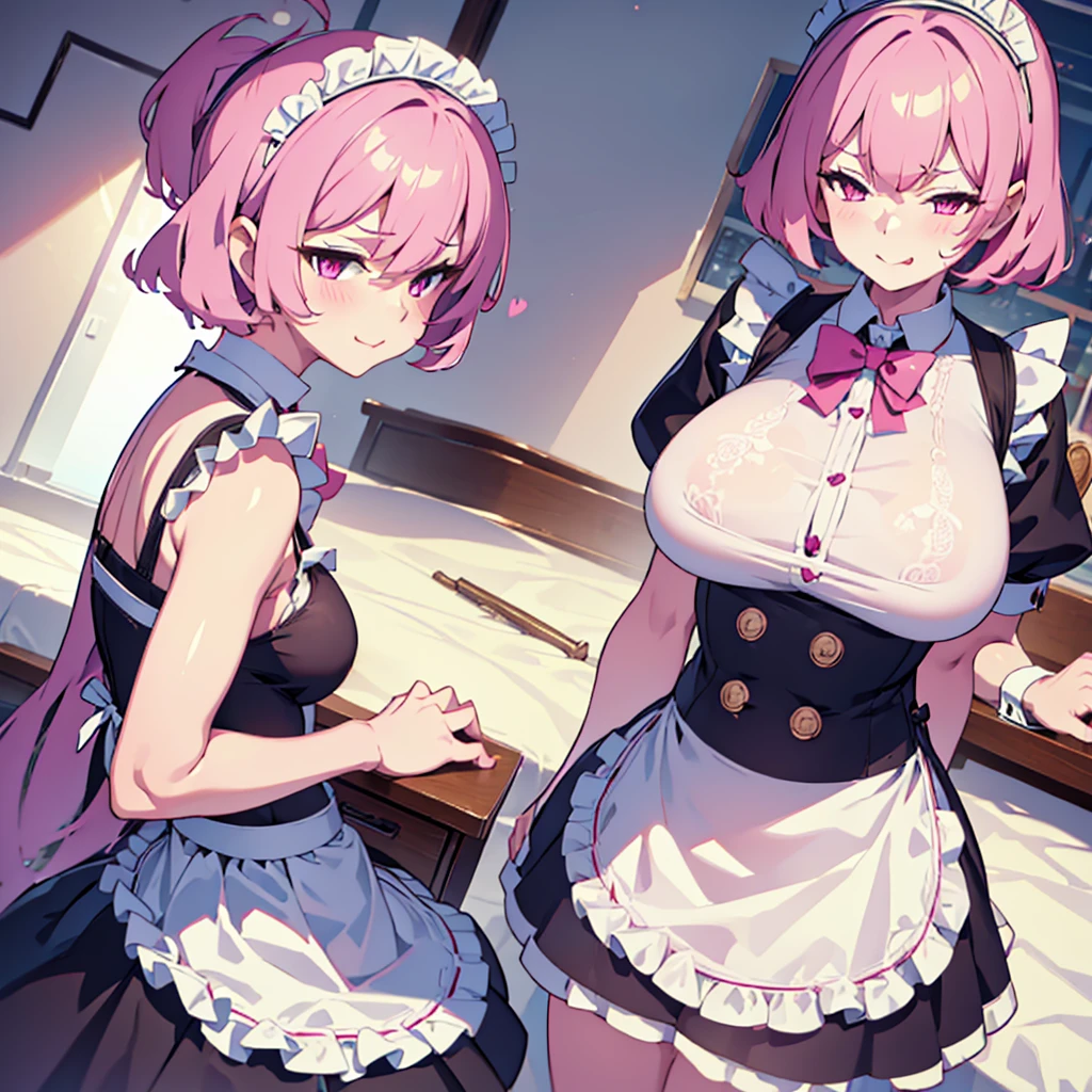 ((masterpiece)), ((best quality)), ((highly detailed)), (original), ((delicate background)), ((extremely detailed 8K wallpaper)), sweet, depth of field, 
BREAK 
maid, ((classic maid dress)), ((scanty clothing)), lots of frills, ((huge breasts)), 
BREAK 
curly hair, faint pink hair, short hair, 
BREAK 
((heart-shaped eyes)), pink eyes, tongue out, blush, sweating, 
BREAK 
full body shot, ((on the bed)), looking at the viewer, 
BREAK 
1girl, solo, cute girl, 20 years old, shiny skin, 