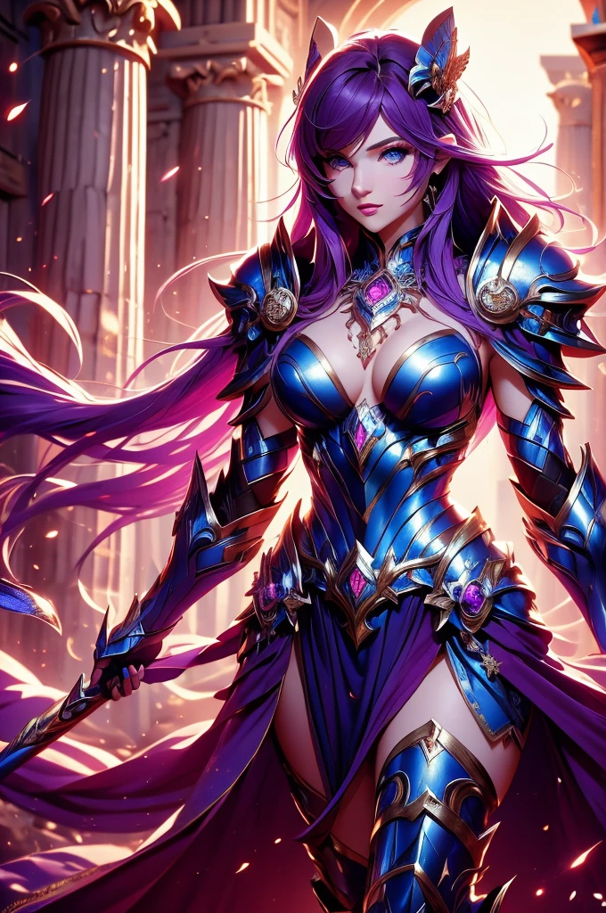 one woman, 25 year old, Greek goddness, purple hairs, blue eyes, greece, ancien temple, perfect bosy, masterclass, HD, 8k, wearing an armor, armor with a lion design, white cape, dark enegy aura, in an ancient greek temple in ruins