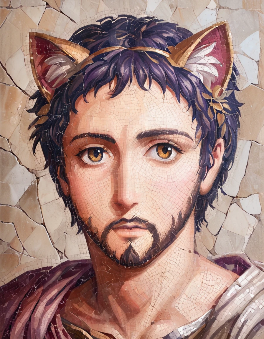 detailed illustration, dynamic angle, ultra-detailed, illustration, clean line art, shading, anime, detailed eyes, detailed face, beautiful face, dramatic lighting, detailed illustration, dynamic angle, ultra-detailed, illustration, masterpiece, masterwork, beautiful, whole body shot

Neko, cat man, dressed in purple silk robes, gold leaf inlay mosaic, Byzantine mosaic, has a full beard, cat ears, cat tail, cat eyes, Byzantine monk, gold and purple motif, imperial, handsome, mature