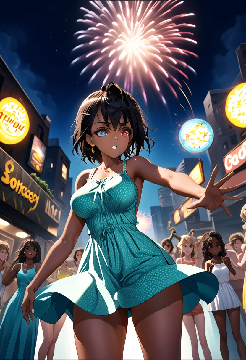 fourth of july ,block , night, fireworks (Two beautiful girls holding a banner with text "happy", "july", "fourth"," ❤️") connie maheswaran (left side, Fit woman with dark skin, an oblong-shaped face, vivacious black eyes, a narrow convex hooked nose, perfect square body, black eyes, long black hair, toned, curvy hips, dragonbraid and a firm chest wearing a blue stars and black stripe print summer dress ); and sassy ( right side, an african-american-Caribbean woman, voluptuous, curvy, strong, shortie, sensuously cool, braided black hair, soft heart-shaped face, concaved Nubian button nose, heart-shaped physique, heart hips, glasses, heterochromia wine and brown eyes. Wearing a orange stars and black stripe print mini summer dress), Perfect characters perfect hands, perfect Face, perfect eyes, perfect physiques, dynamic perspective, ultra absurdres, ultra-detail, screencap, beautiful aesthetic, extravagant composition, hdr, uhd, sharp gradients, deep highlights, 8k, 2.5d, cel-shaded, ray tracing, masterpiece, best quality, high extravagance, high exposure, depth of field, ultra background, detailed smooth textures, 