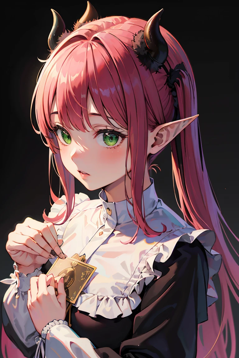 Best quality, masterpiece, ultra high res, (photorealistic:1.4), raw photo, 1girl, white prayer mantle, holy card, bust shot, holy picture, sacred heart, rizu kyun cosplay, minimal background, holy card, succubus, pink hair pigtails, black horns, long ears, green eyes