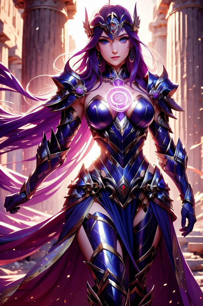 one woman, 25 year old, Greek goddness, purple hairs, blue eyes, greece, ancien temple, perfect bosy, masterclass, HD, 8k, wearing an armor, armor with a mayan design, white cape, dark enegy aura, in an ancient greek temple in ruins
