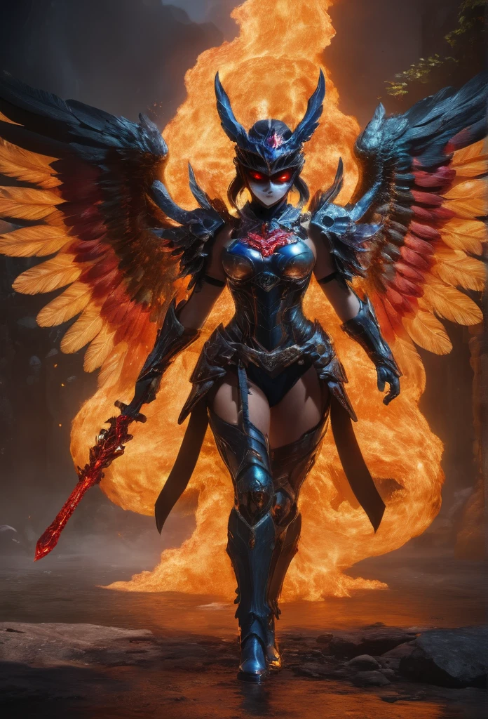 hyperdetailed photography,winxl,full body of a woman,full armor,with colorful shadow wings,oni mask,holding a weapon,ambient,epic,masterpiece,8k uhd,awardwinning,trending on artstation and deviant art,official art,private press,raw photo,  magic particles floating in the air