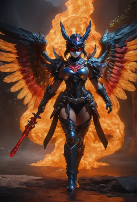 hyperdetailed photography,winxl,full body of a woman,full armor,with colorful shadow wings,oni mask,holding a weapon,ambient,epi...