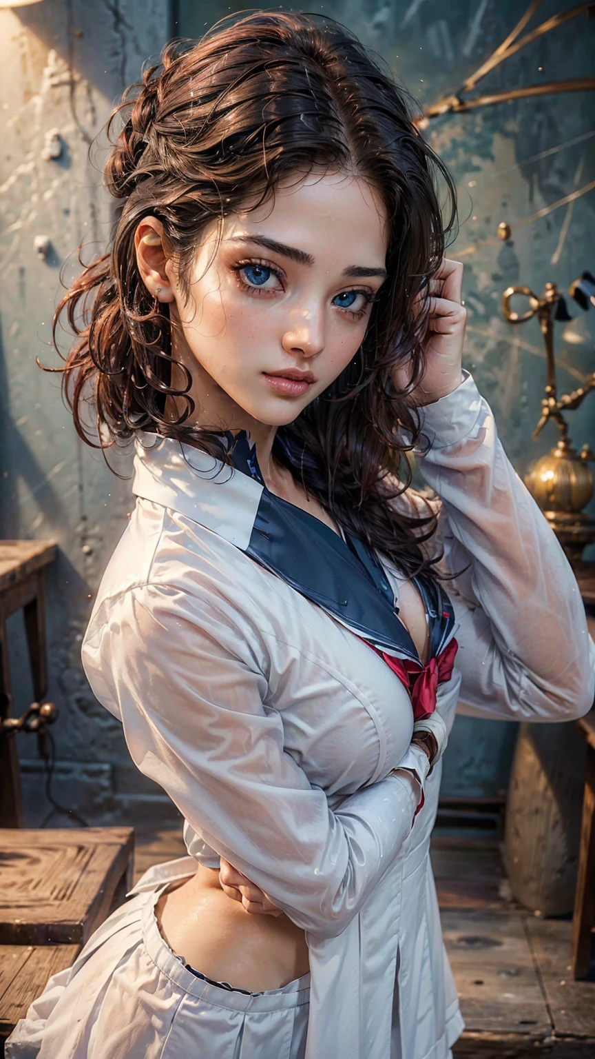 Super detailed, masterpiece, High resolution, Photorealistic digital art, perfect lighting, (((1 girl, perfect anatomy))), accurate right hand, accurate left hand, five fingers, perfect style, (Suletta Marcury), 3d face, big blue eyes, Detailed and beautiful eyes, glossy lips, Red curly hair, Beautiful brown skin, shiny skin, shy smile, (((white School uniform))), deep cleavage 2.8, ((bending, hands in hair, chin up, erotic poses, erotica, seductive wet lips))