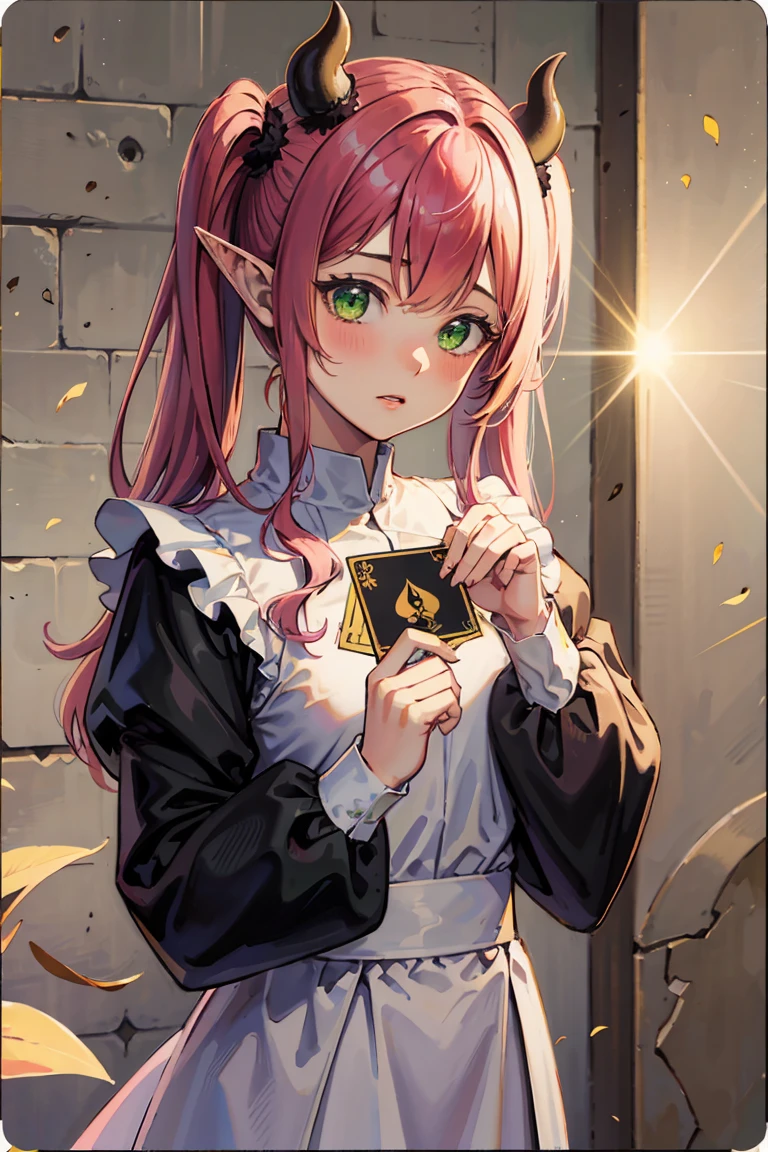 Holy card,saint card, front,white background, sunshine rays, Best quality, masterpiece, ultra high res, (photorealistic:1.4), raw photo, 1girl, white prayer mantle, holy card, bust shot, holy picture, sacred heart, rizu kyun cosplay, minimal background, holy card, succubus, pink hair pigtails, black horns, long ears, green eyes, front