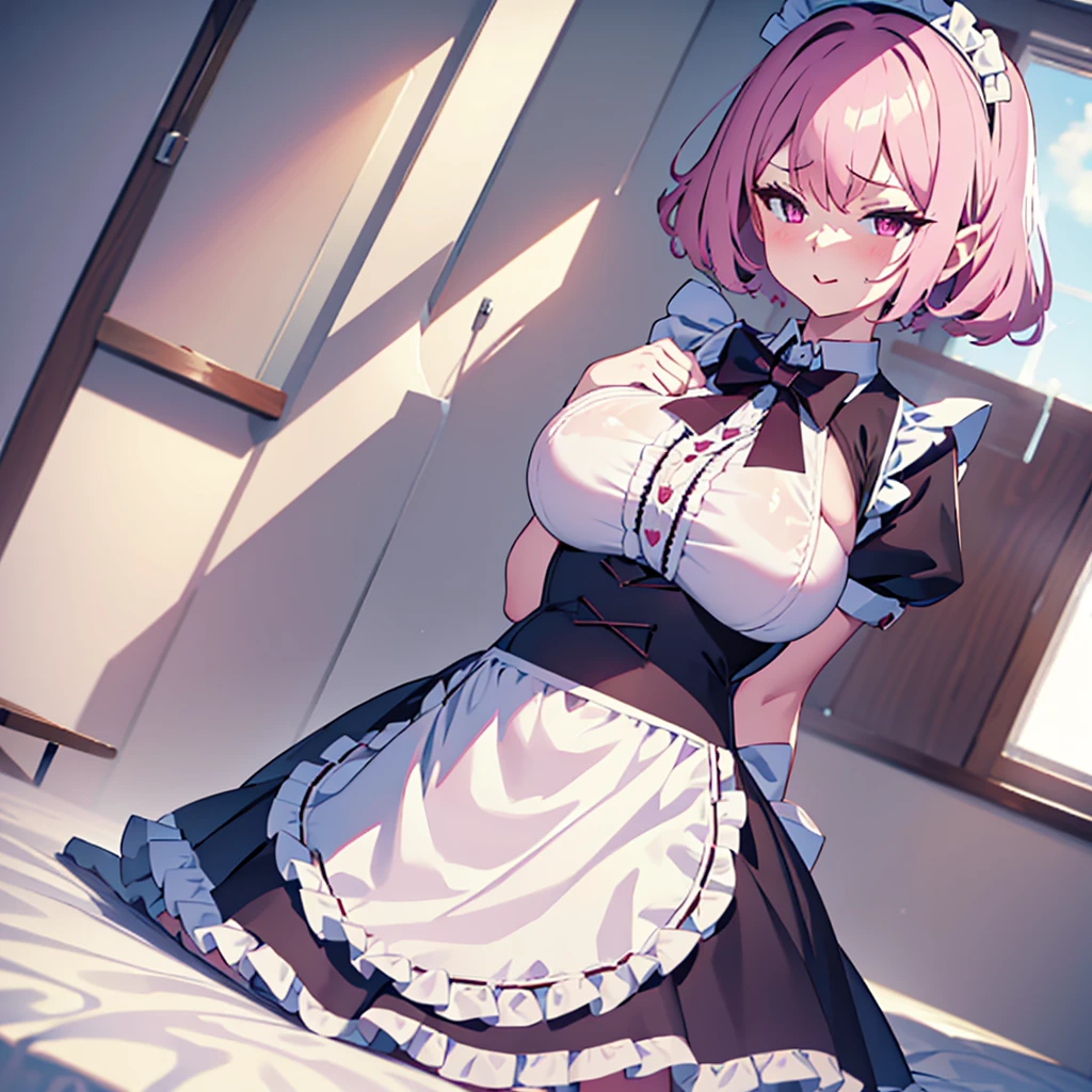 ((masterpiece)), ((best quality)), ((highly detailed)), (original), ((delicate background)), ((extremely detailed 8K wallpaper)), sweet, depth of field, fantasy, 
BREAK 
maid, ((classic maid dress)), ((scanty clothing)), lots of frills, ((huge breasts)), 
BREAK 
curly hair, faint pink hair, short hair, 
BREAK 
((heart-shaped eyes)), pink eyes, tongue out, blush, sweating, 
BREAK 
full body shot, ((on the bed)), looking at the viewer, 
BREAK 
1girl, solo, cute girl, 20 years old, shiny skin, 