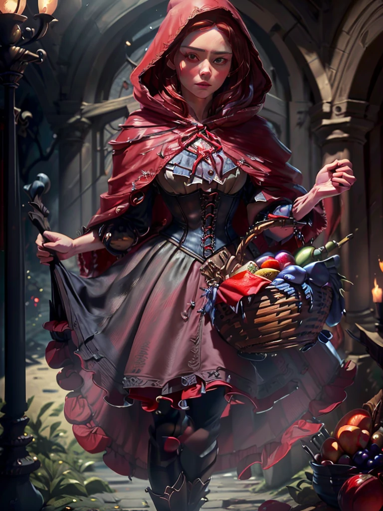 a beautiful woman with striking blue eyes wearing a red hooded cloak, corset, and red skirt, holding a basket of fruit, detailed face, eyes, lips and lashes, masterpiece, (best quality, 8k, highres, photorealistic:1.37), intricate details, dramatic lighting, fantasy, cinematic, vibrant colors