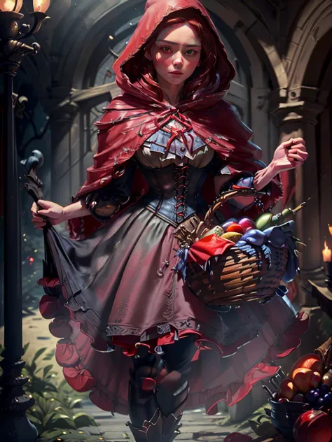 a beautiful woman with striking blue eyes wearing a red hooded cloak, corset, and red skirt, holding a basket of fruit, detailed...