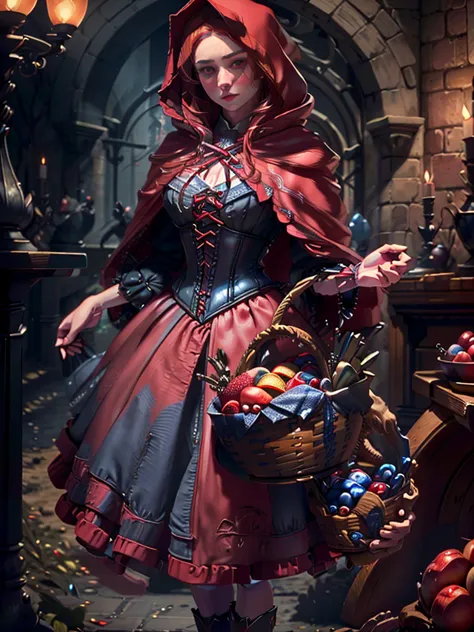 a beautiful woman with striking blue eyes wearing a red hooded cloak, corset, and red skirt, holding a basket of fruit, detailed...