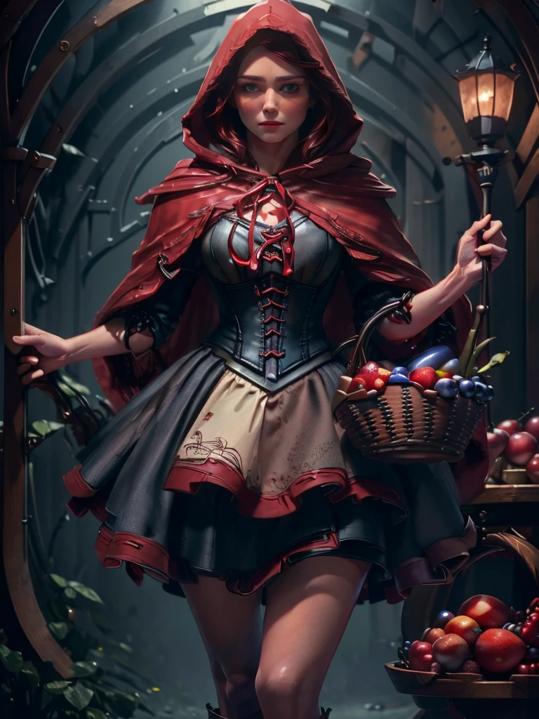 a beautiful woman with striking blue eyes wearing a red hooded cloak, corset, and red skirt, holding a basket of fruit, detailed face, eyes, lips and lashes, masterpiece, (best quality, 8k, highres, photorealistic:1.37), intricate details, dramatic lighting, fantasy, cinematic, vibrant colors
