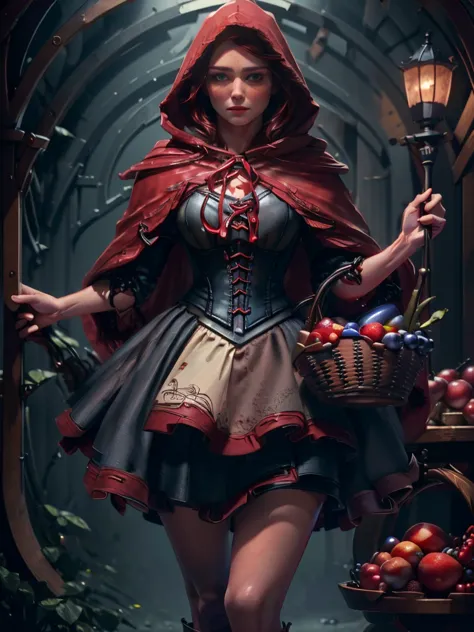 a beautiful woman with striking blue eyes wearing a red hooded cloak, corset, and red skirt, holding a basket of fruit, detailed...