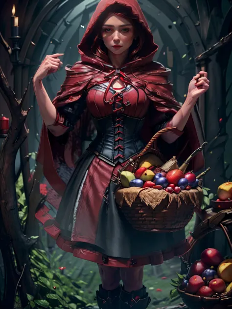 a beautiful woman with striking blue eyes wearing a red hooded cloak, corset, and red skirt, holding a basket of fruit, detailed...