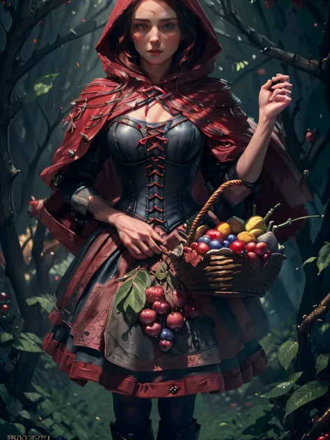 a beautiful woman with striking blue eyes wearing a red hooded cloak, corset, and red skirt, holding a basket of fruit, detailed...