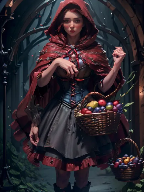 a beautiful woman with striking blue eyes wearing a red hooded cloak, corset, and red skirt, holding a basket of fruit, detailed...