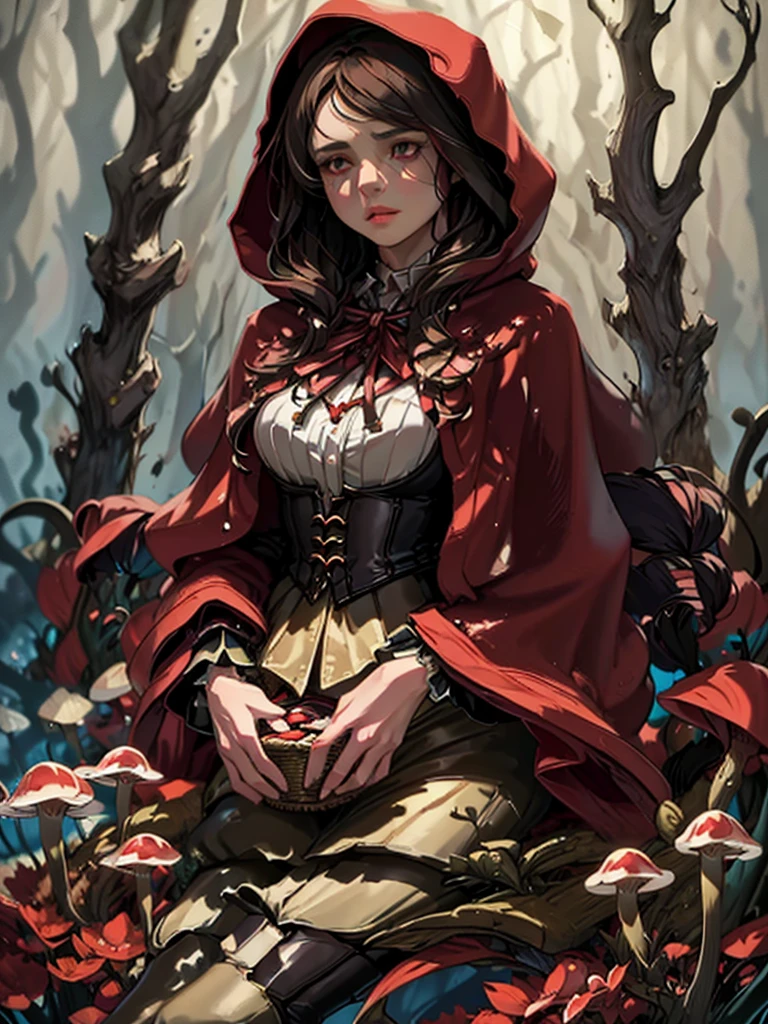 a beautiful girl with red hooded cloak,long brown hair,detailed face,beautiful eyes,detailed lips,basket of flowers,standing in a magical forest,glowing mushrooms,fantasy landscape,warm lighting,cinematic composition,highly detailed,photorealistic,8k,intricate details,dramatic lighting,moody atmosphere,fantasy art style