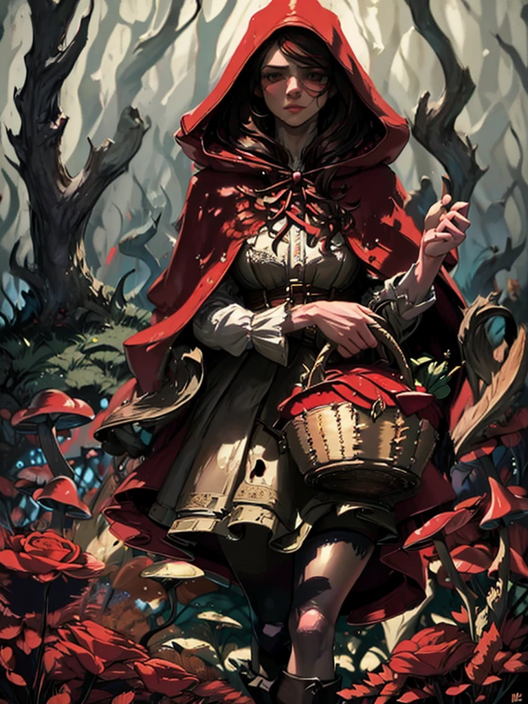 a beautiful girl with red hooded cloak,long brown hair,detailed face,beautiful eyes,detailed lips,basket of flowers,standing in a magical forest,glowing mushrooms,fantasy landscape,warm lighting,cinematic composition,highly detailed,photorealistic,8k,intricate details,dramatic lighting,moody atmosphere,fantasy art style