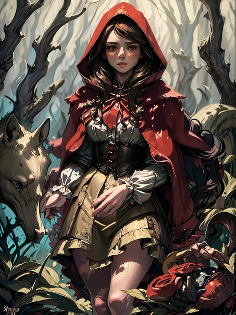 a beautiful girl with red hooded cloak,long brown hair,detailed face,beautiful eyes,detailed lips,basket of flowers,standing in a magical forest,glowing mushrooms,fantasy landscape,warm lighting,cinematic composition,highly detailed,photorealistic,8k,intricate details,dramatic lighting,moody atmosphere,fantasy art style