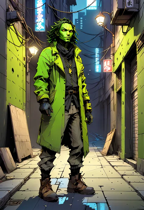 A high-quality digital illustration of a mysterious and daring ((chartreuse vagabond)) confidently standing in a dimly lit alley...