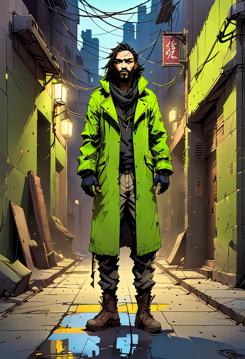 A high-quality digital illustration of a mysterious and daring ((chartreuse vagabond)) confidently standing in a dimly lit alley, embodying the essence of "Safe From Harm." The scene captures the vagabond's look of resilience despite being "out of luck," conveying a mix of danger and determination. The atmosphere is reminiscent of a scene from "Battle Without Honor Or Humanity," with a gritty and cinematic style, emphasizing shadows and dramatic lighting. The focus is on the vagabond's facial expression and body language, evoking a sense of mystery and intrigue.