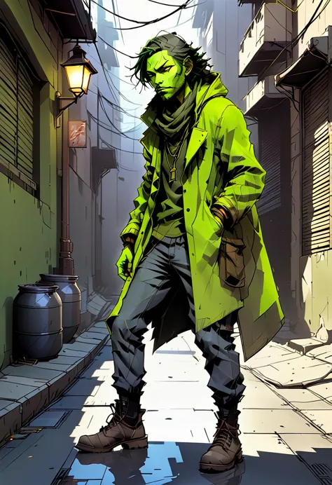 A high-quality digital illustration of a mysterious and daring ((chartreuse vagabond)) confidently standing in a dimly lit alley...