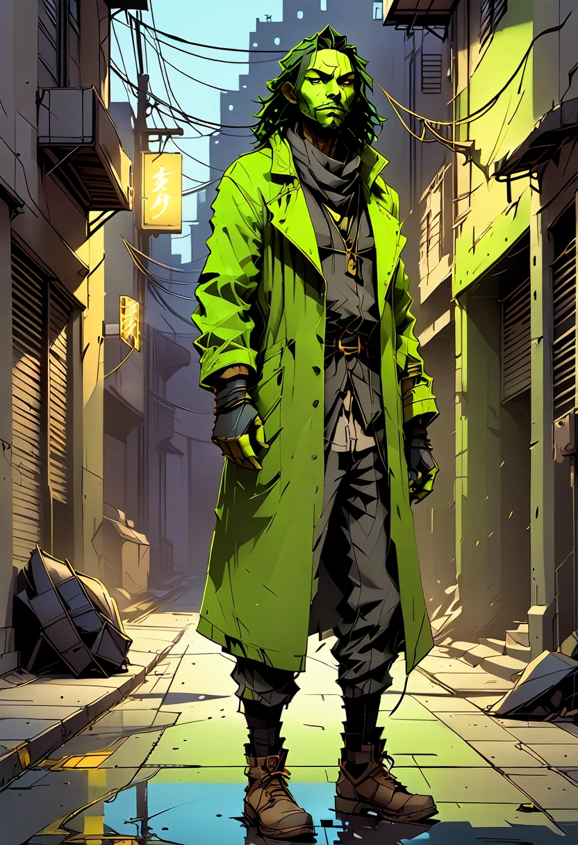 A high-quality digital illustration of a mysterious and daring ((chartreuse vagabond)) confidently standing in a dimly lit alley, embodying the essence of "Safe From Harm." The scene captures the vagabond's look of resilience despite being "out of luck," conveying a mix of danger and determination. The atmosphere is reminiscent of a scene from "Battle Without Honor Or Humanity," with a gritty and cinematic style, emphasizing shadows and dramatic lighting. The focus is on the vagabond's facial expression and body language, evoking a sense of mystery and intrigue.