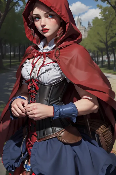 blue colored eyes, redhoodwaifu, (red hood, cape, corset, don, red skirt), fruit basket, beautiful hands, good hands, face detai...