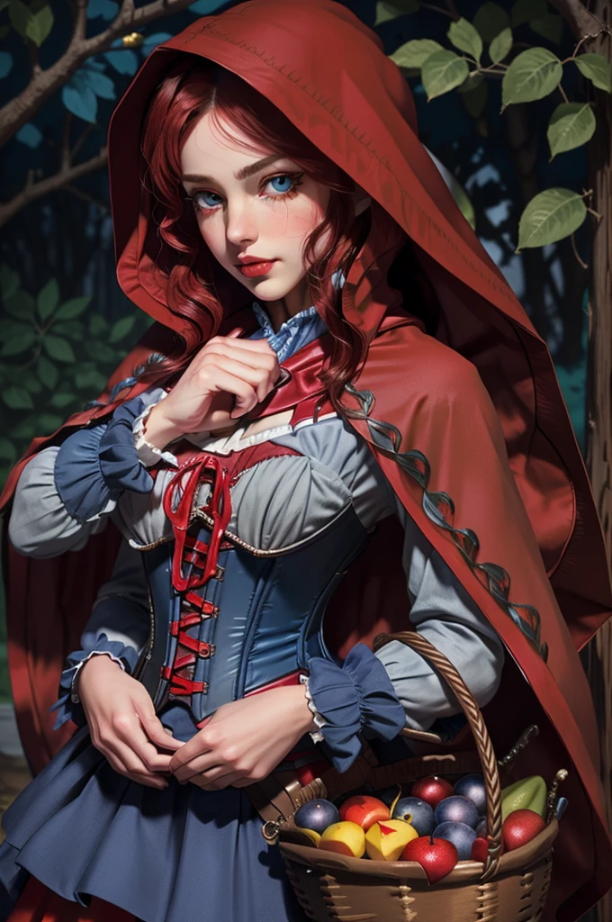 blue colored eyes, RedHoodWaifu, (red hood, cape, corset, don, red skirt), fruit basket, beautiful hands, good hands, face detailed, detailedeyes, Detailed lips, Detailed lashes,
