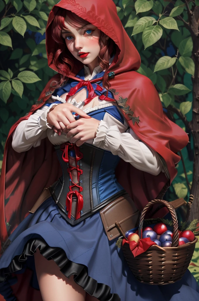 blue colored eyes, RedHoodWaifu, (red hood, cape, corset, don, red skirt), fruit basket, beautiful hands, good hands, face detailed, detailedeyes, Detailed lips, Detailed lashes,
