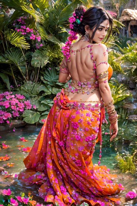 portrait,(NSFW 0.75) boy,woman, ((princess pose)) ,very very big breast, soft nylon sexy saree , orange , pink ,teal,red, yellow...