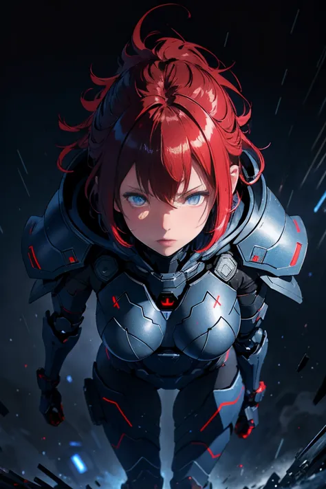 advance heavy armored girl, grey hood and cape, background dark space battlefield, heavy rain, red short hair, blue glowing beau...