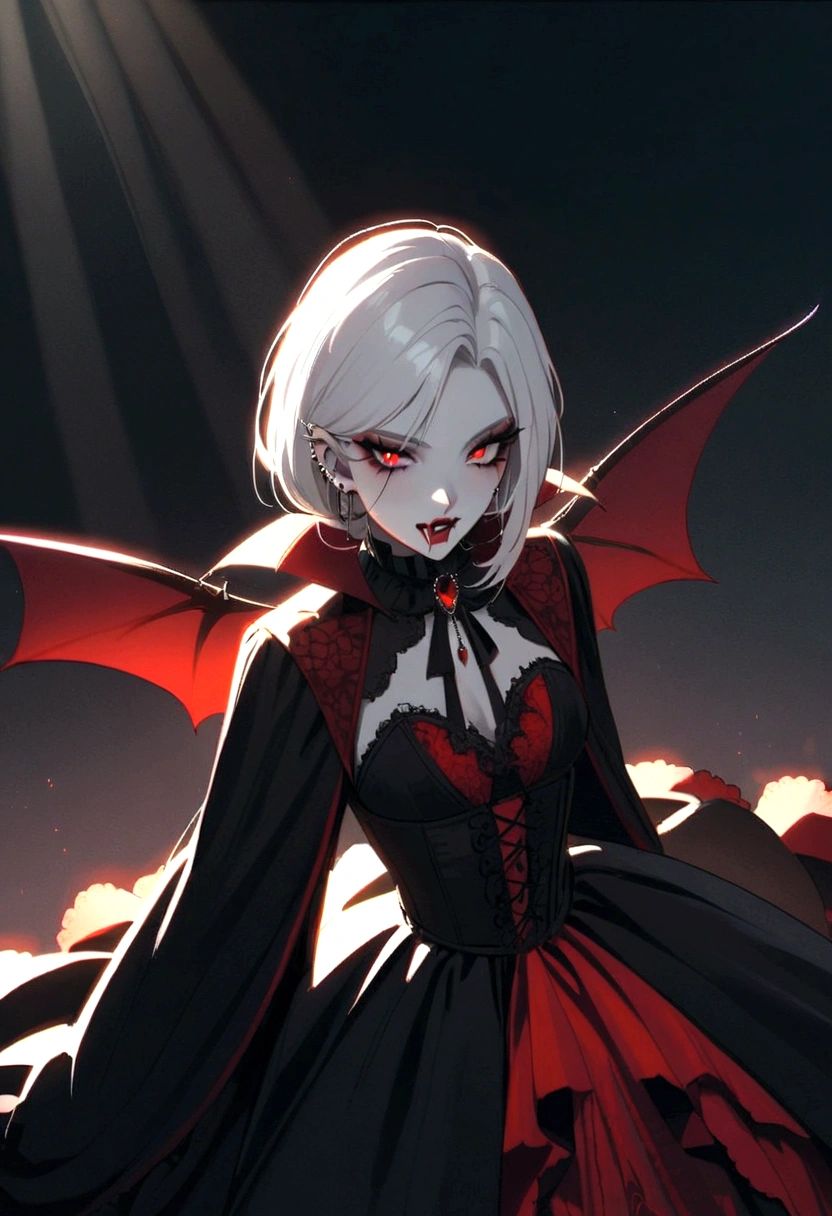 Beautiful vampire woman , long white hair , Eyes red , black gown , black victorian dress , piercing look and red lipstick, vampire fangs, whole body