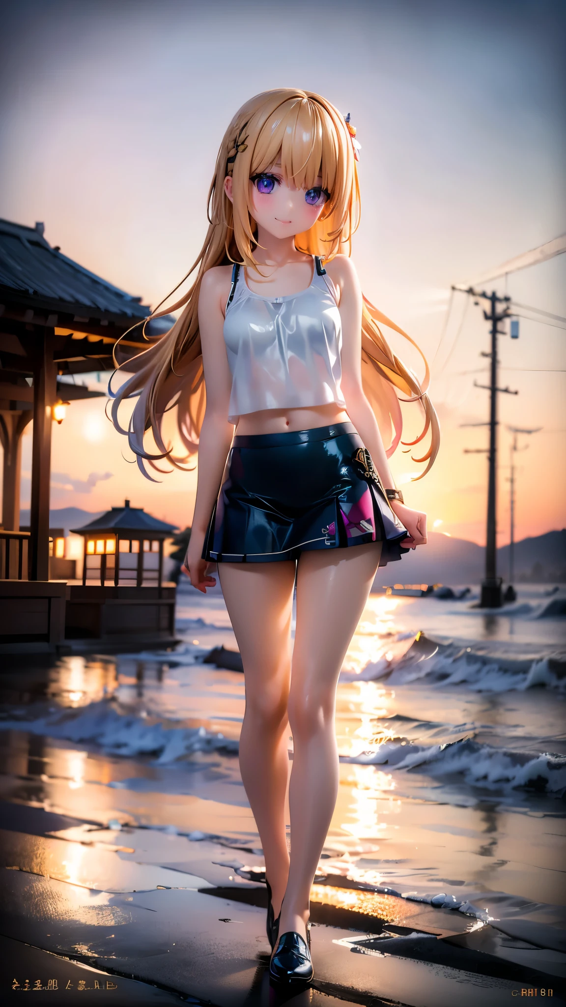 Very cute 12 year old girl、Tank top、Camisole、one piece、mini skirt、Long Hair、Slim body、Beautiful legs、Beautiful body、high resolution、8K、(smile)Natural Blonde Hair、Light blue eyes、