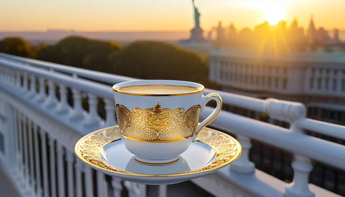 带有精致金色图案的瓷杯, 放在配套的碟子上. 茶杯和茶碟放在阳台栏杆上, 以美国为背景，沐浴在温暖的日出光芒中. 自由之国在远处雄伟地矗立, 场景由早晨构成.非常逼真,超高清,8千,摄影