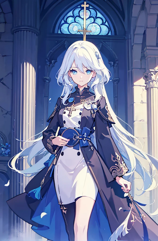 (Best Quality),(masutepiece:1.1),(the Extremely Detailed CG Unity 8K Wallpapers:1.1), (Colorful:0.9),1girl, white hair, solo focus, clearly, blue eyes, very long hair, stole, priest, Bishojo, church