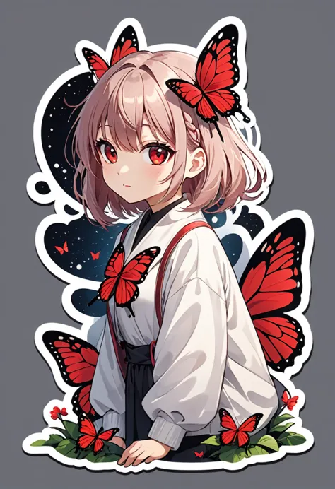 toc style, of the highest quality, sticker,  red butterfly, cartoon, dark background