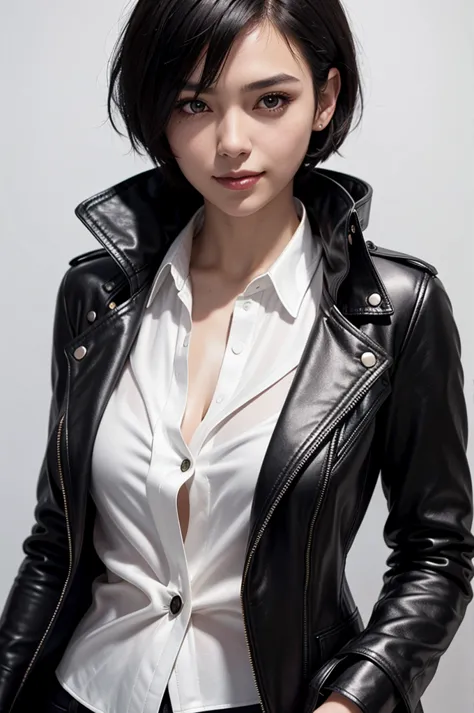 photo of a beautiful woman, (black leather coat white silk shirt:1.2), short hair, black hair, detailed face, detailed eyes, upp...