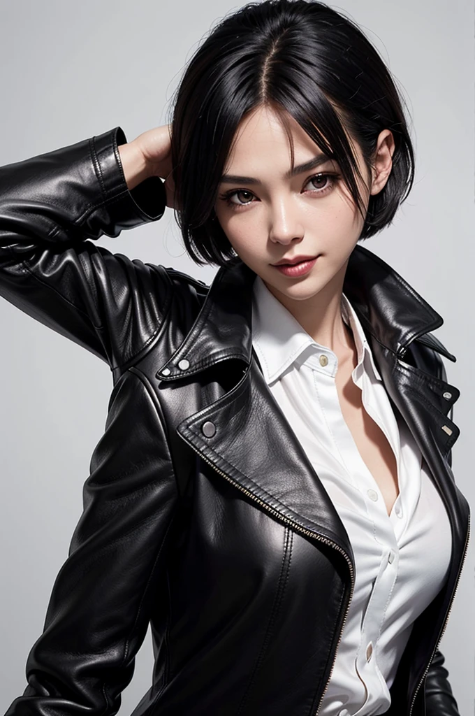 photo of a beautiful woman, (black leather coat white silk shirt:1.2), short hair, black hair, detailed face, detailed eyes, upper body focus, mouth closed, smile, looking at viewer, (simple background:1.2),  