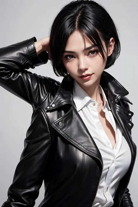 photo of a beautiful woman, (black leather coat white silk shirt:1.2), short hair, black hair, detailed face, detailed eyes, upp...