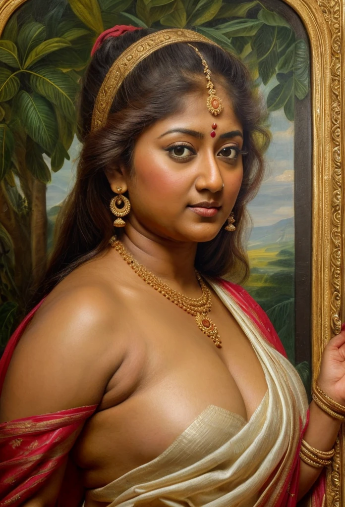 Looks like Nayanthara, exotic Indian art, inspired by oviyar maruthi style painting, inspired by mohanan manimala, Full figured beautiful woman, Apsara, Masterpiece, Beautiful Thick Woman, Best quality, high clarity eyes, critically flawless,sharp picture, Full portrait, High pixels, perfect face, perfect eyes, beautiful face, perfect hands,perfect fingers, in Peter Paul Rubens style, by Peter Paul Rubens, baroque style, acrylic on canvas, highly detailed, description: "Create a nymph inspired by the tales of Greek or Roman mythology, embodying the essence of a natural element or location, and possessing a unique ability or trait that sets her apart."