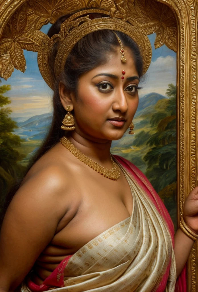 On dirait Nayanthara, art indien exotique, inspiré de la peinture de style oviyar maruthi, inspiré de Mohanan Manimala, Belle femme pleine figure, Apsara, chef-d&#39;œuvre, belle femme épaisse, Meilleure qualité, yeux haute clarté, absolument impeccable,image nette, Portrait complet, pixels élevés, visage parfait, yeux parfaits, Beau visage, des mains parfaites,Des doigts parfaits, dans le style de Pierre Paul Rubens, de Pierre Paul Rubens, style baroque, peinture acrylique sur toile, très détaillé, Description: "Créez une nymphe inspirée des contes de la mythologie grecque ou romaine, incarnant l’essence d’un élément ou d’un lieu naturel, et possédant une capacité ou un trait unique qui la distingue."