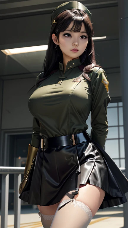 ((best quality)), ((muste piece)), (detailed face), (highlight), princess、Big breasts、blunt bangs、black hair、combat uniform、skirt、