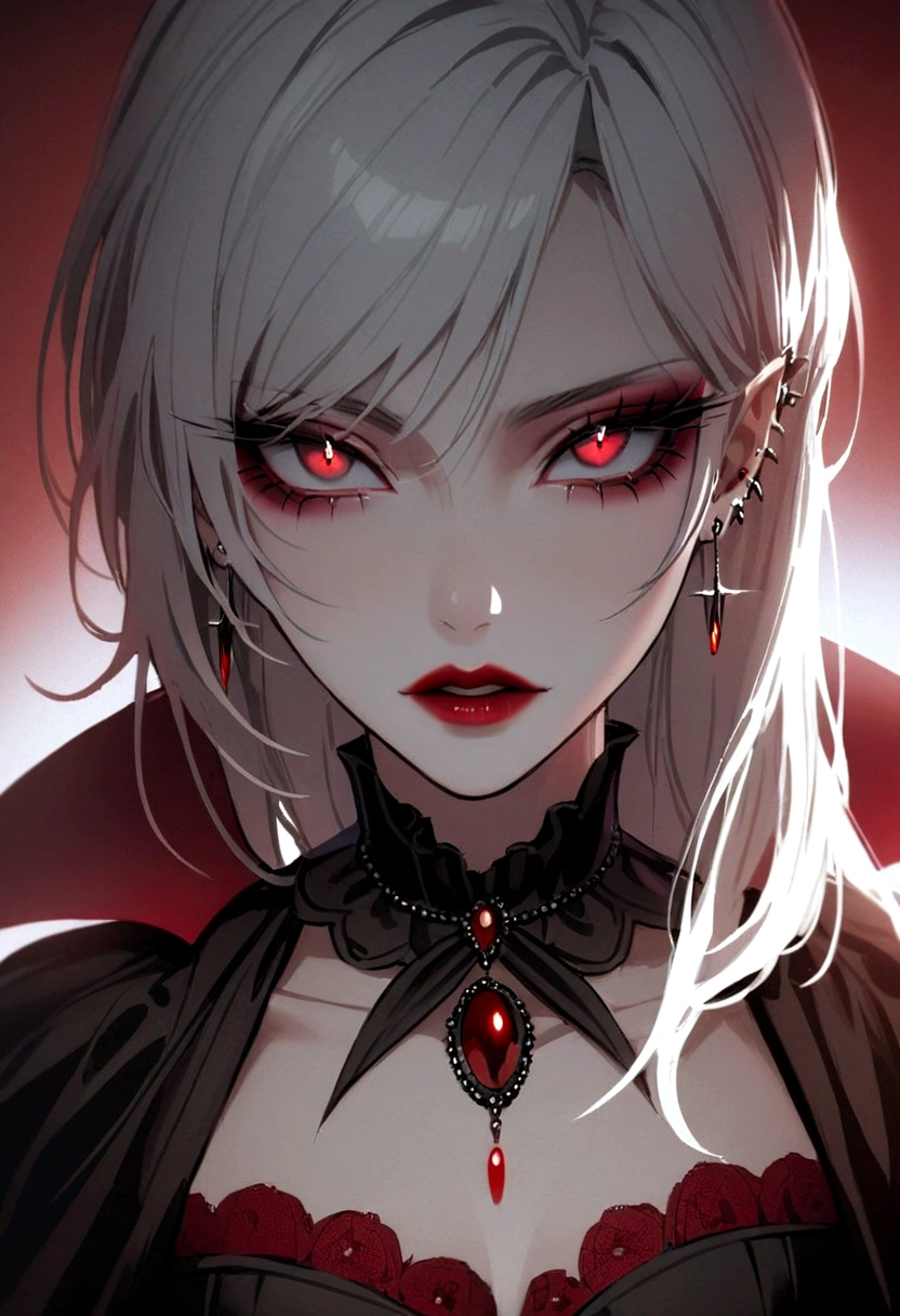 Beautiful vampire woman , long  white  hair , Eyes red , black gown , black victorian dress , piercing look and red lipstick 