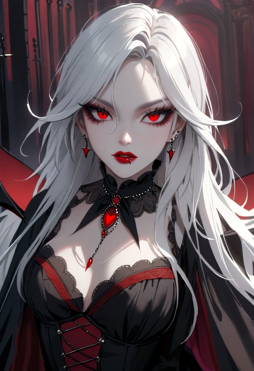 Beautiful vampire woman , long  white  hair , Eyes red , black gown , black victorian dress , piercing look and red lipstick 