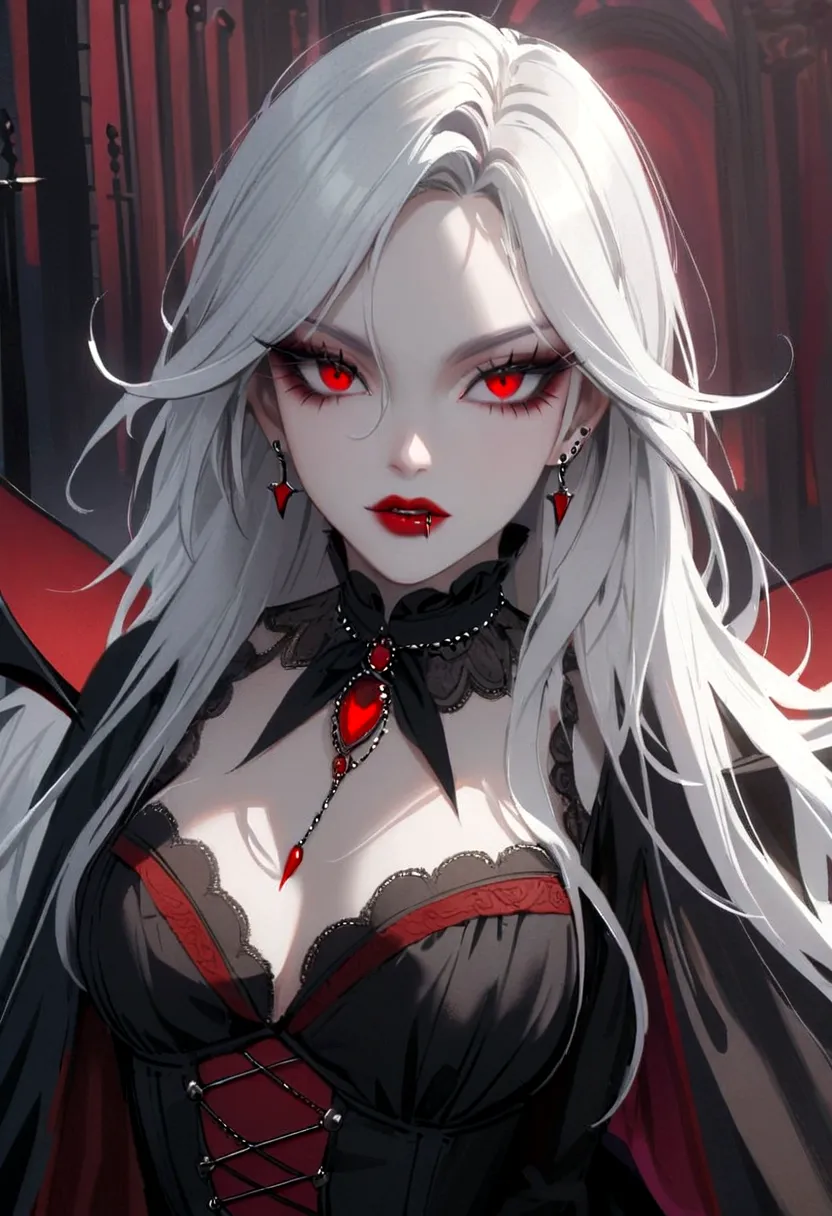 beautiful vampire woman , long  white  hair , eyes red , black gown , black victorian dress , piercing look and red lipstick