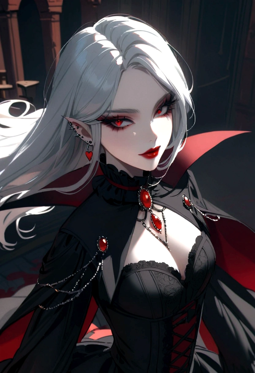 Beautiful vampire woman , long  white  hair , Eyes red , black gown , black victorian dress , piercing look and red lipstick 