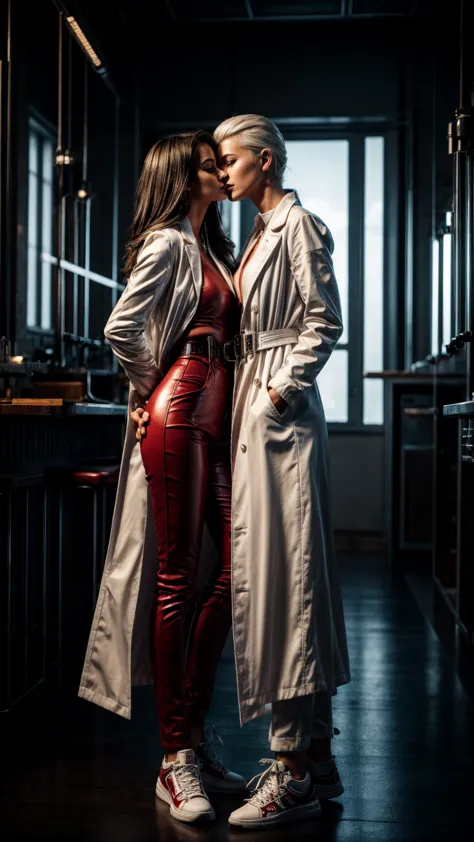 seductive and confident look. distant image. labcoat. long legs. twi slim teenage european girls. lesbian kissing. red leather t...