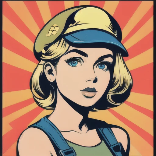 pop art,1girl, solo, upper body, blonde hair, flat cap, looking at viewer, 
 