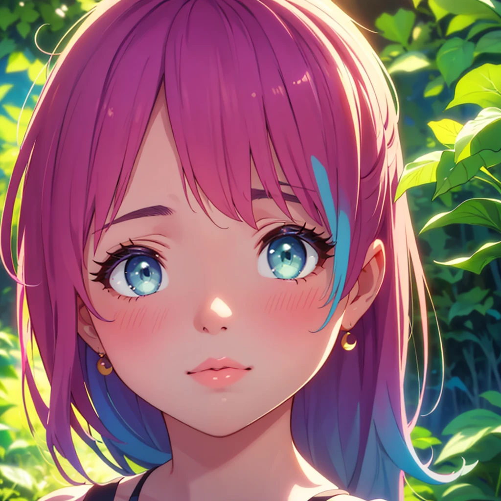 a beautiful girl, 1girl, beautiful detailed eyes, beautiful detailed lips, extremely detailed face and features, long eyelashes, cute expression, vivid colors, warm lighting, cinematic lighting, film grain, high quality, 8k, photorealistic, detailed background, lush foliage, natural setting, serene atmosphere